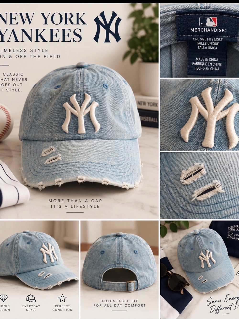 New York Yankees Distressed Denim Baseball Cap – Light Blue NY Logo Adjustable H